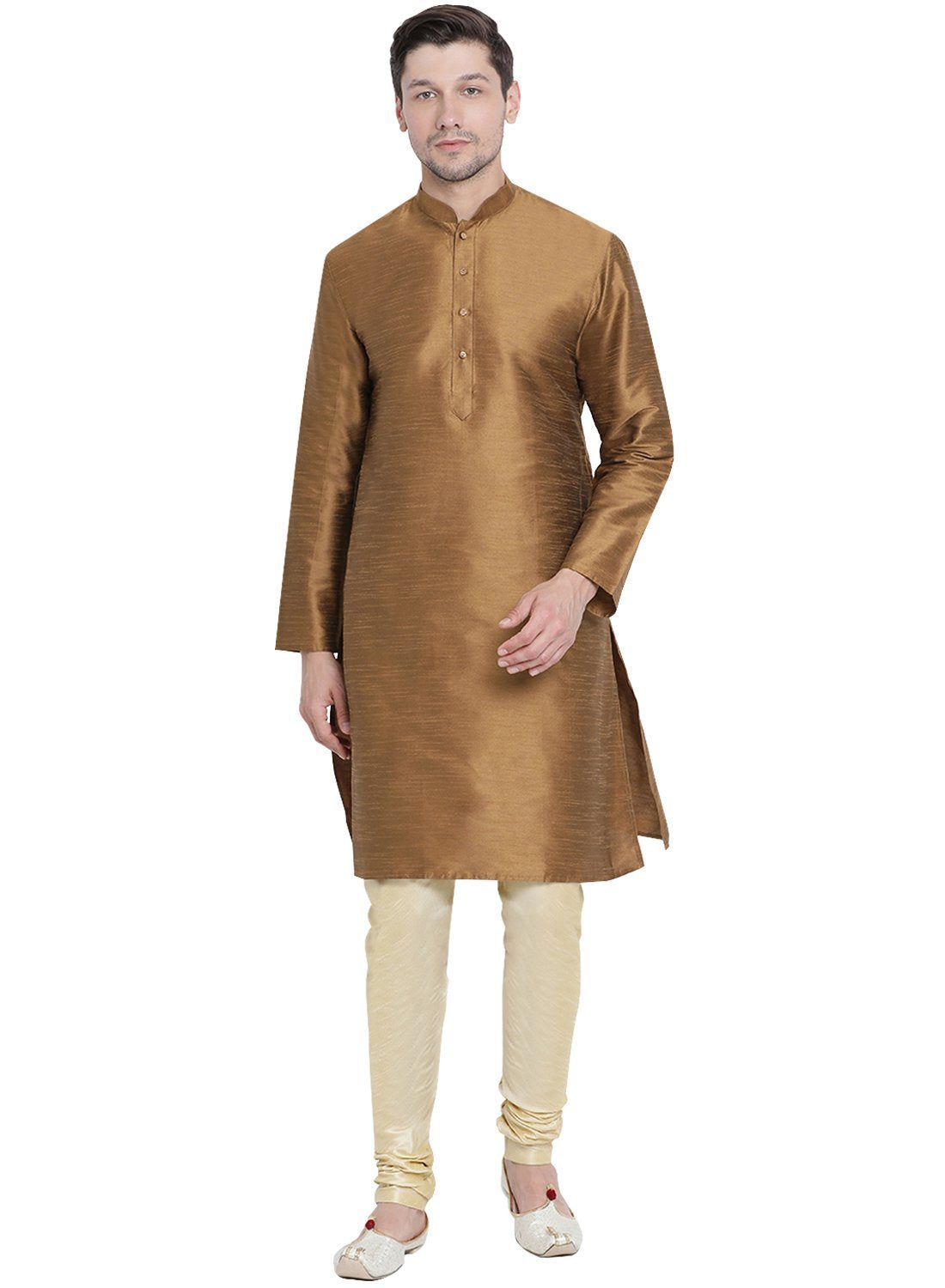 Vastramay Vastramay Men's Brown Cotton Silk Blend Kurta and Pyjama Set