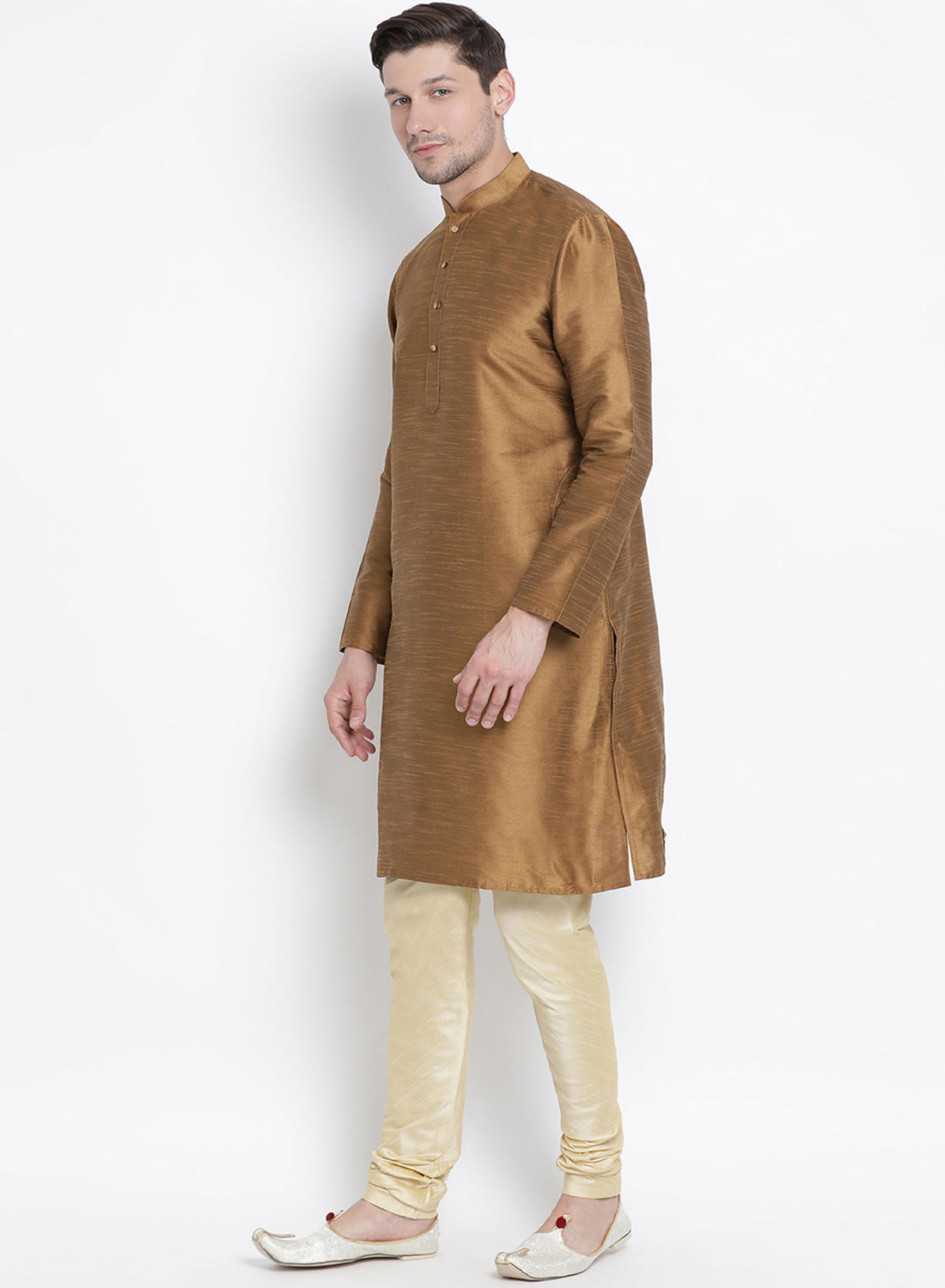 Vastramay Men's Brown Cotton Silk Blend Kurta and Pyjama Set