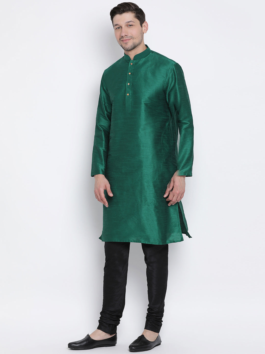 Vastramay Men's Green Cotton Silk Blend Kurta and Pyjama Set