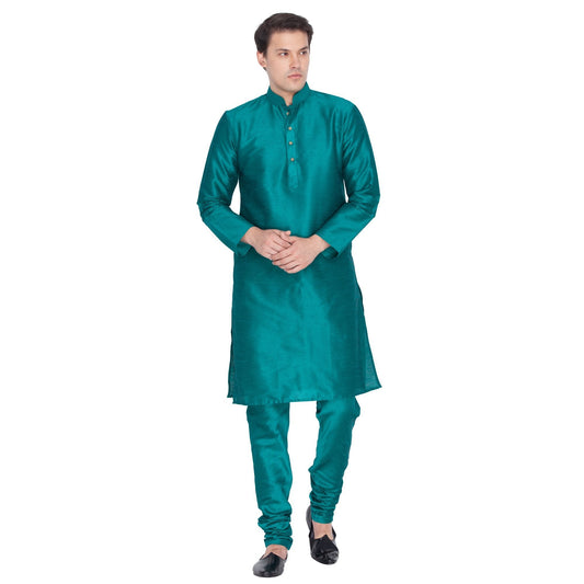 Vastramay Vastramay Men's Green Cotton Silk Blend Kurta and Pyjama Set