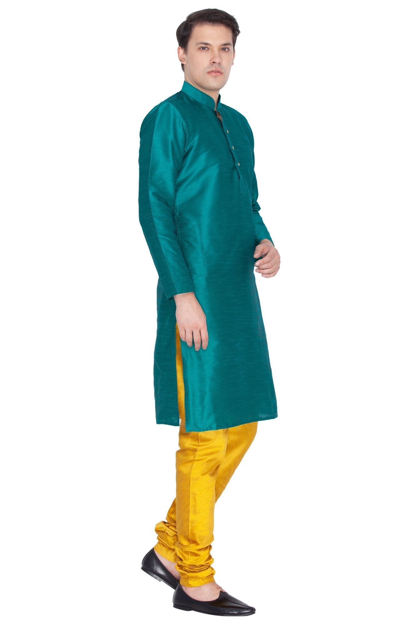 Vastramay Men's Green Cotton Silk Blend Kurta and Pyjama Set