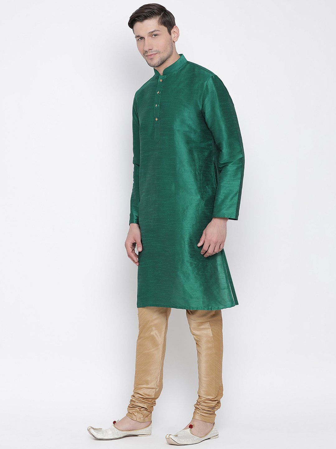 Vastramay Men's Green Cotton Silk Blend Kurta and Pyjama Set