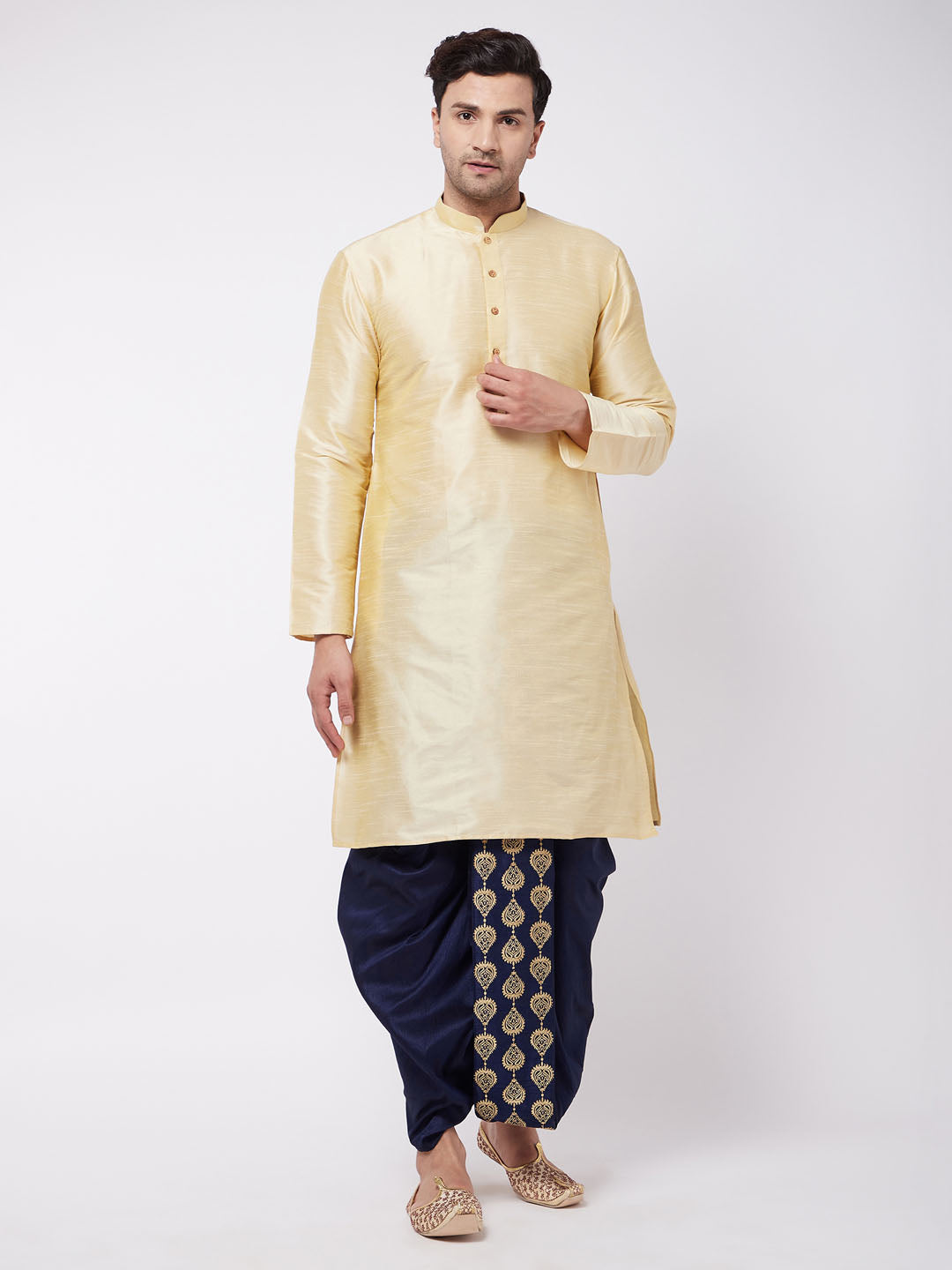 Vastramay Men's Gold And Navy Blue Silk Blend Kurta And Dhoti Set