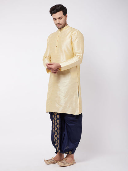 Vastramay Men's Gold And Navy Blue Silk Blend Kurta And Dhoti Set