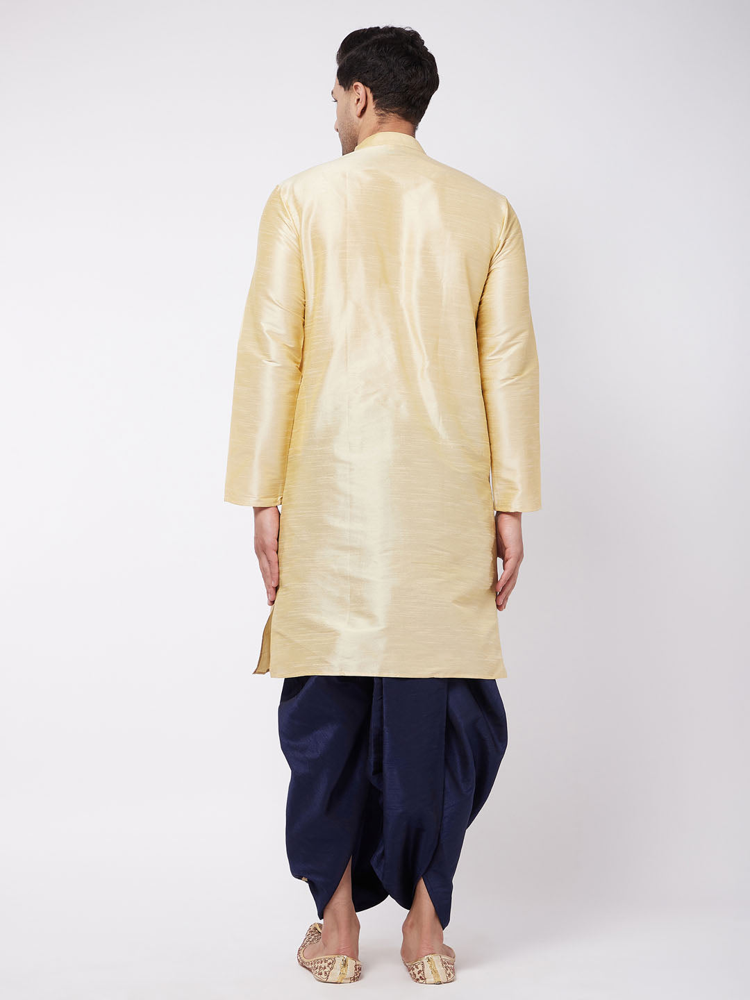 Vastramay Men's Gold And Navy Blue Silk Blend Kurta And Dhoti Set