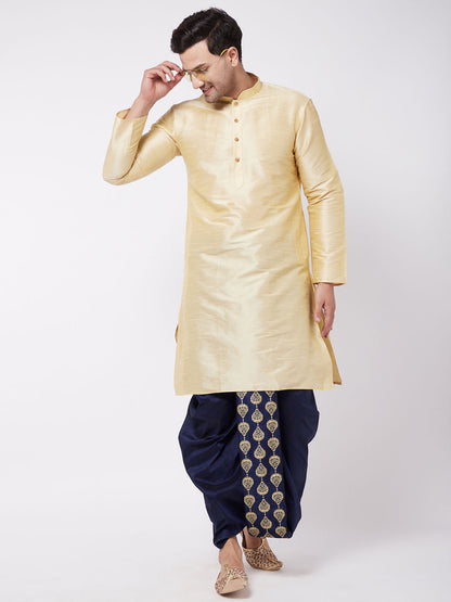 Vastramay Men's Gold And Navy Blue Silk Blend Kurta And Dhoti Set