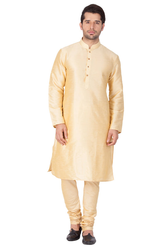 Vastramay Vastramay Men's Gold Cotton Silk Blend Kurta and Pyjama Set