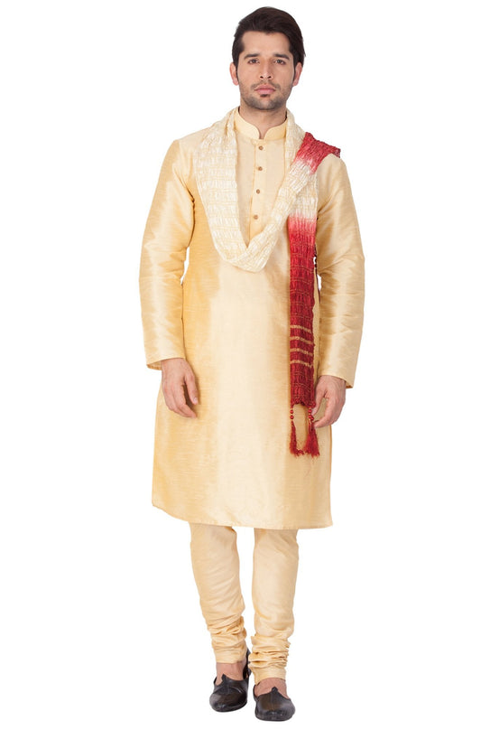 Vastramay Vastramay Men's Gold Cotton Silk Blend Kurta, Pyjama & Dupatta Set