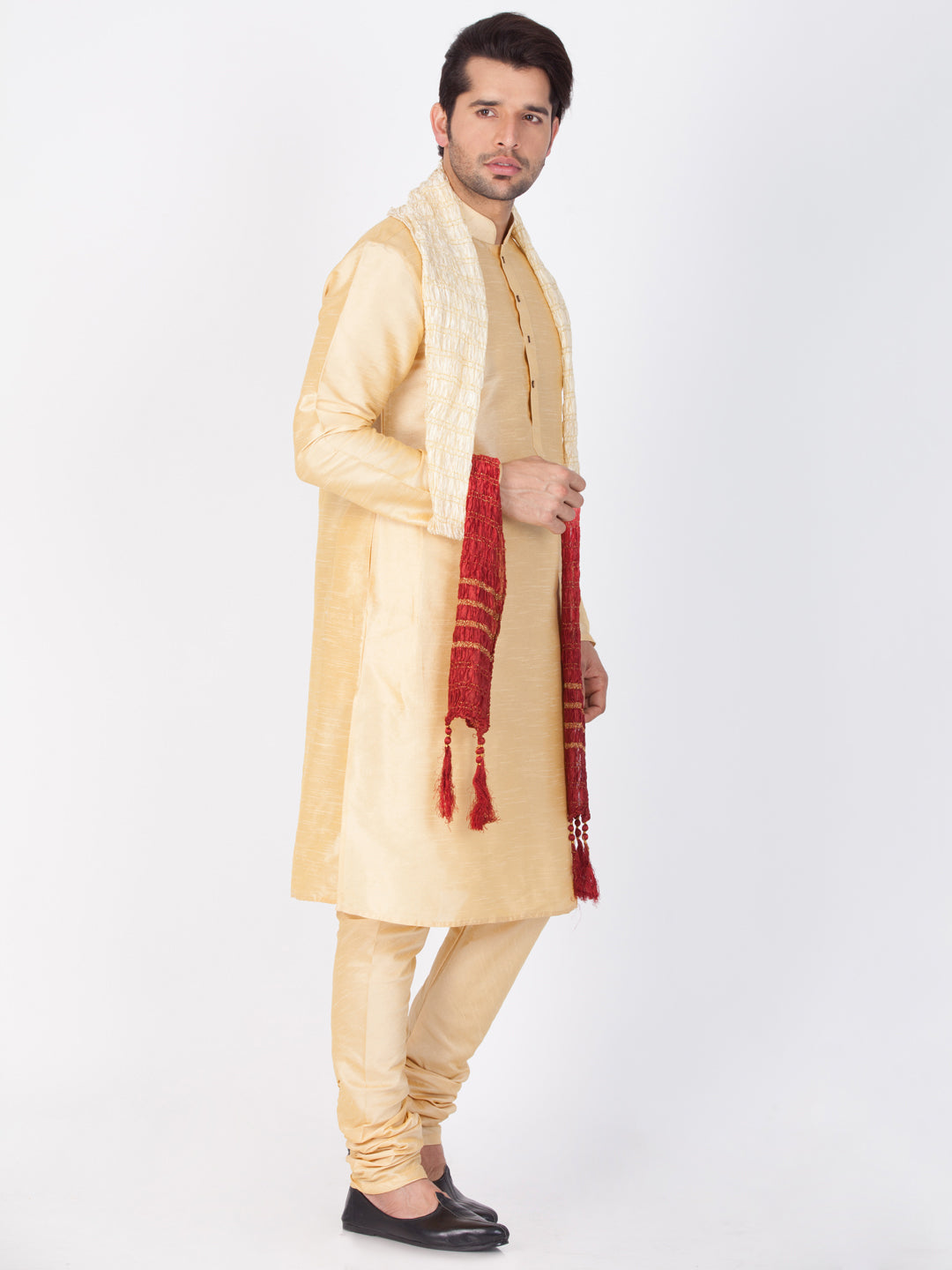 Vastramay Silk Blend Gold Baap Beta Kurta Pyjama And Dupatta Set