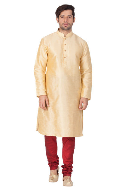 Vastramay Vastramay Men's Gold Cotton Silk Blend Kurta and Pyjama Set