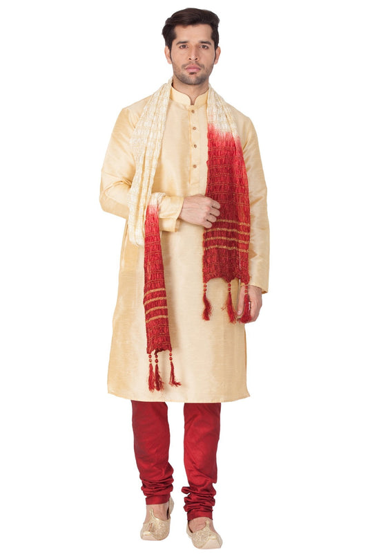 Vastramay Vastramay Men's Gold Cotton Silk Blend Kurta, Pyjama & Dupatta Set