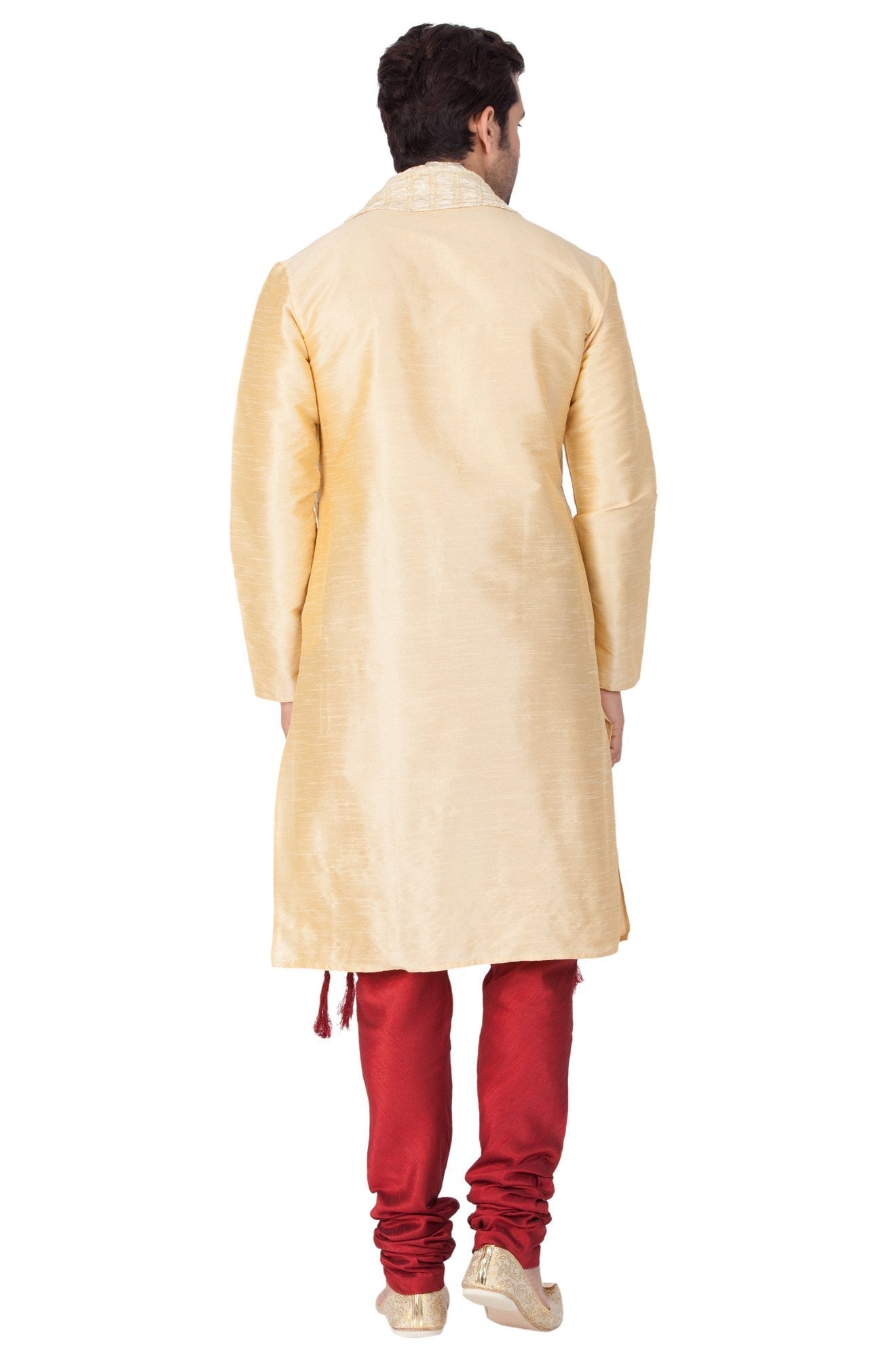 Vastramay Men's Gold Cotton Silk Blend Kurta, Pyjama & Dupatta Set