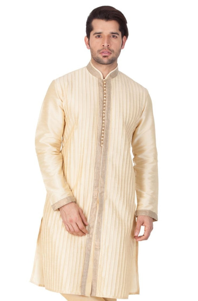 Vastramay Men's Gold Cotton Silk Blend Kurta