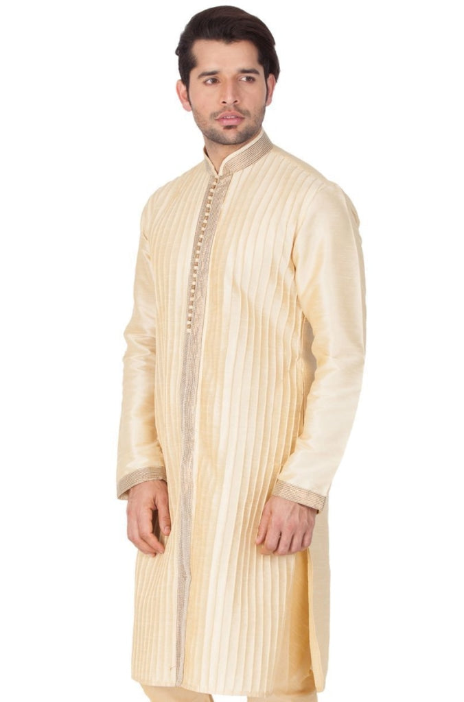 Vastramay Men's Gold Cotton Silk Blend Kurta