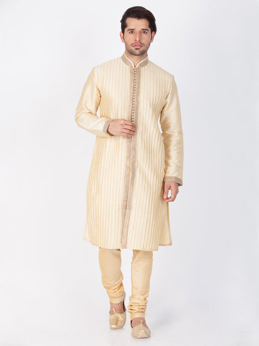 Vastramay Men's Gold Cotton Silk Blend Kurta and Pyjama Set