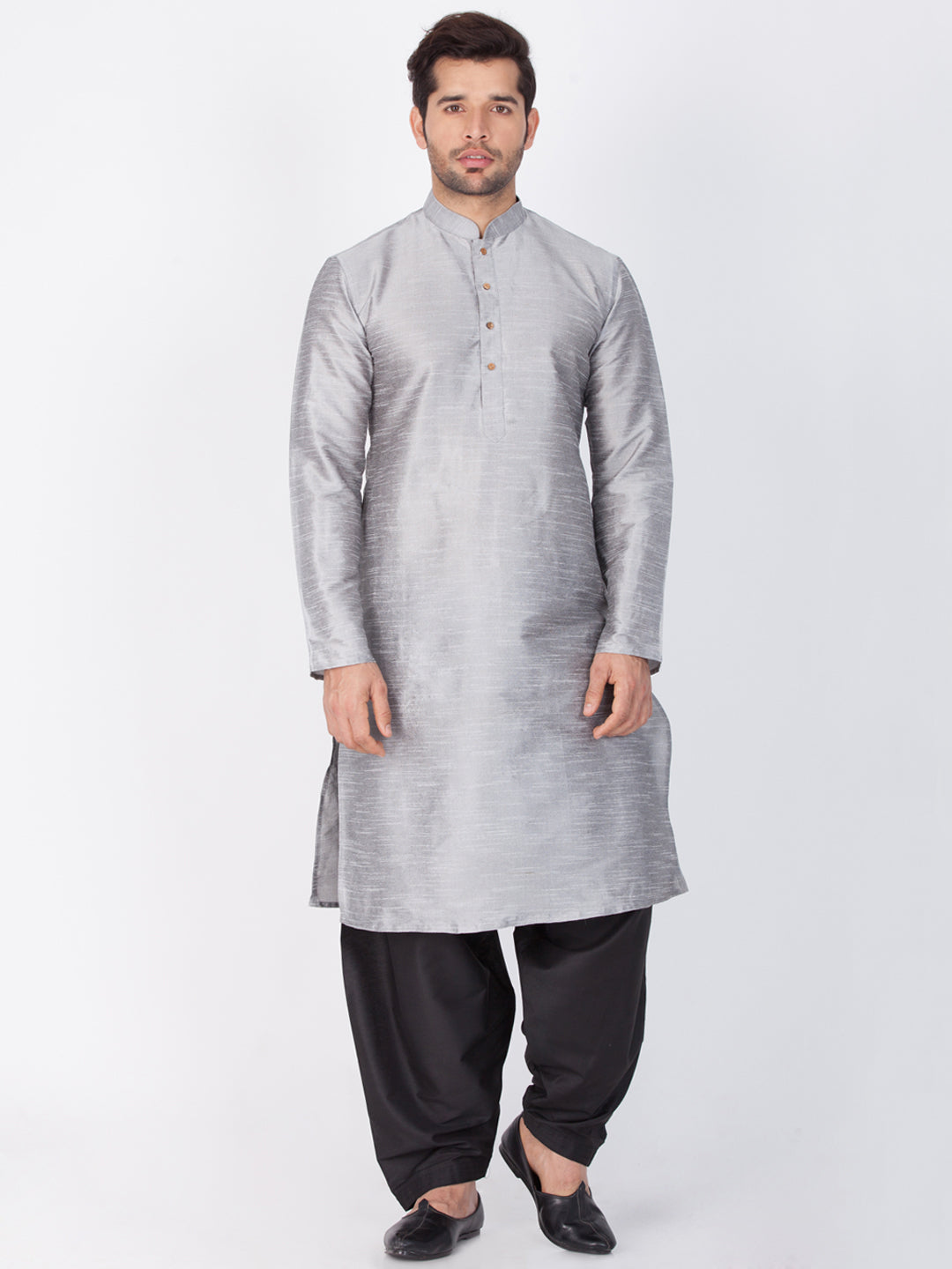 Vastramay Vastramay Men's Grey Cotton Silk Blend Kurta and Dhoti Pant Set