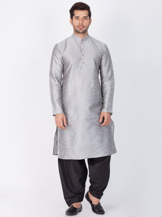 Vastramay Vastramay Men's Grey Cotton Silk Blend Kurta and Dhoti Pant Set