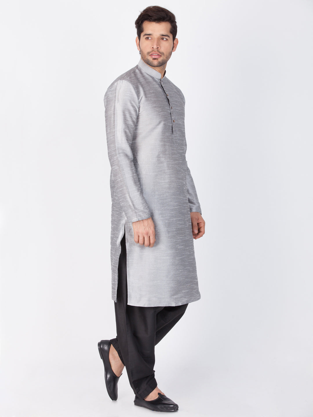 Vastramay Men's Grey Cotton Silk Blend Kurta and Dhoti Pant Set