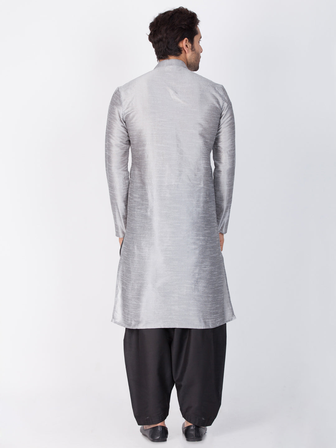 Vastramay Men's Grey Cotton Silk Blend Kurta and Dhoti Pant Set