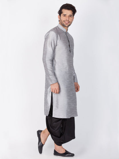 Vastramay Men's Grey Cotton Silk Blend Kurta and Dhoti Pant Set