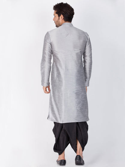 Vastramay Men's Grey Cotton Silk Blend Kurta and Dhoti Pant Set