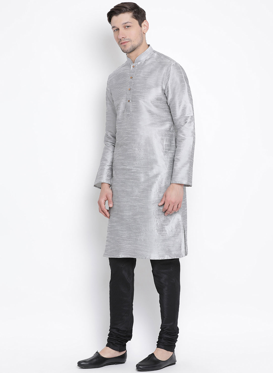 Vastramay Men's Grey Cotton Silk Blend Kurta and Pyjama Set