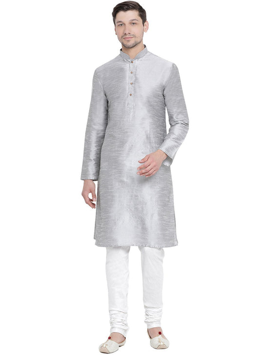 Vastramay Vastramay Men's Grey Cotton Silk Blend Kurta and Pyjama Set