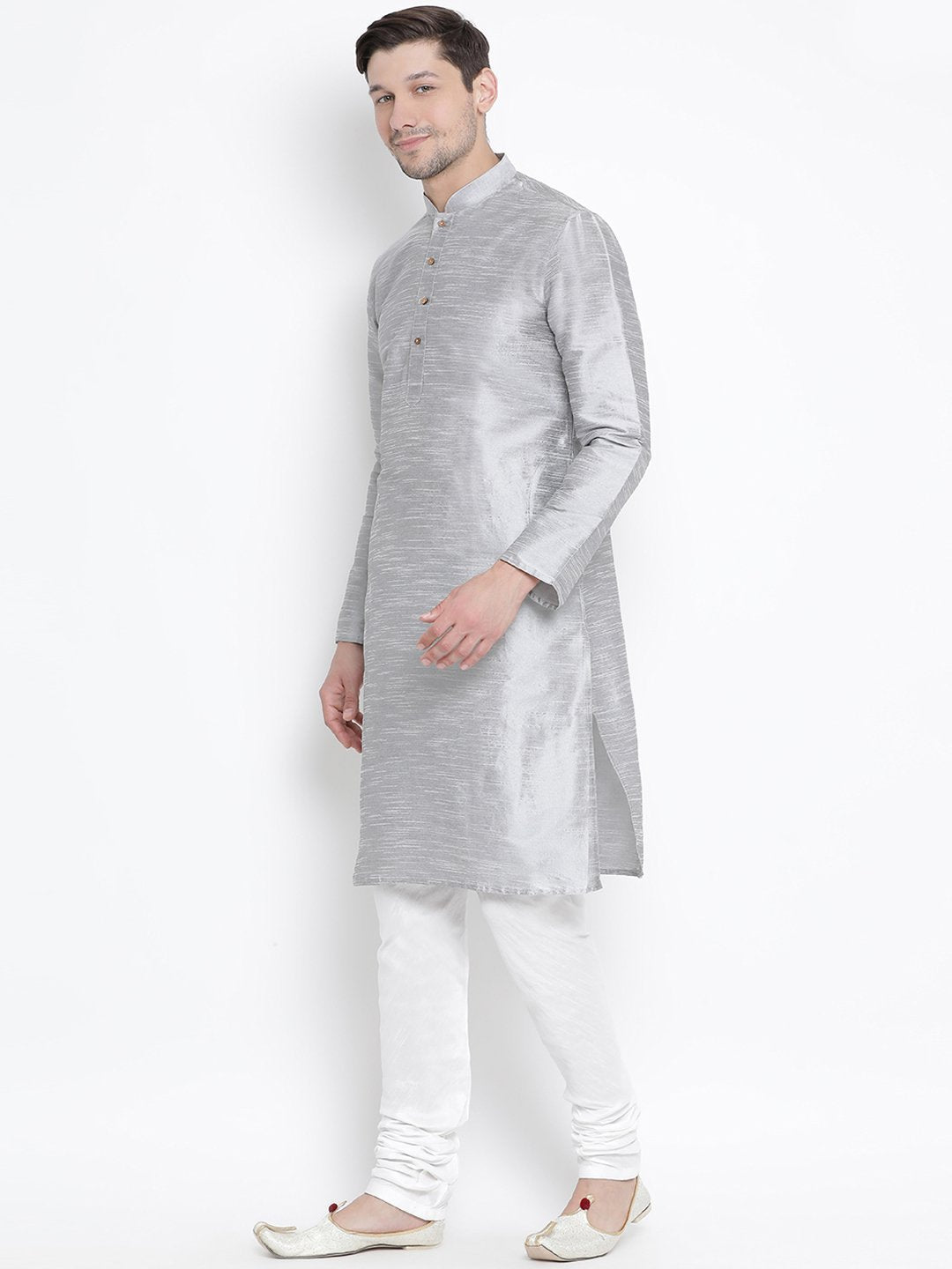 Vastramay Men's Grey Cotton Silk Blend Kurta and Pyjama Set