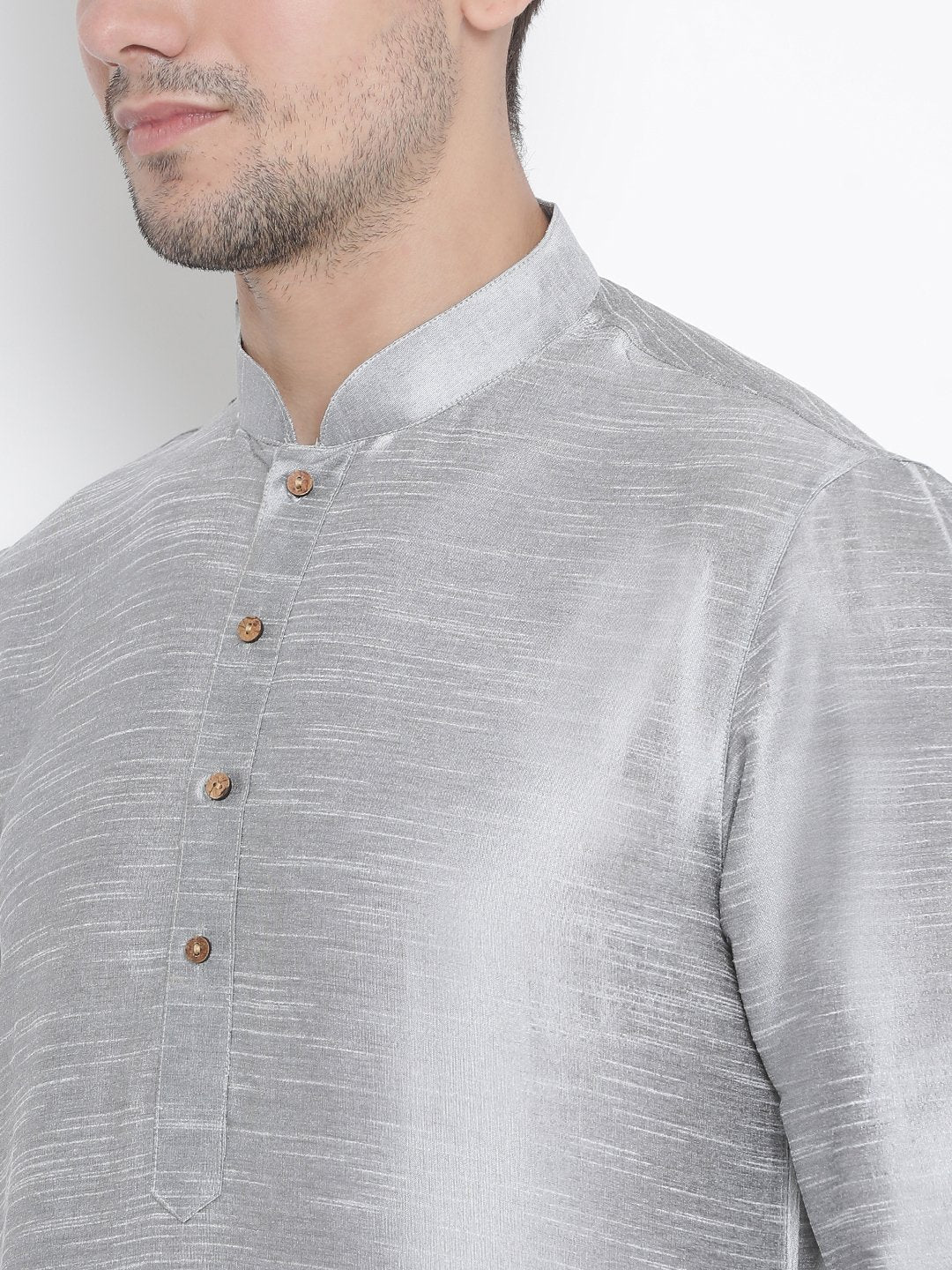 Vastramay Men's Grey Cotton Silk Blend Kurta and Pyjama Set