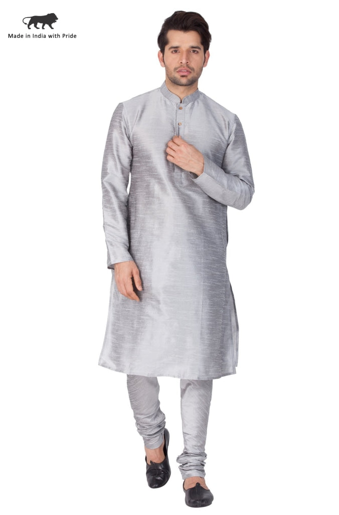 Vastramay Vastramay Men's Grey Cotton Silk Blend Kurta and Pyjama Set