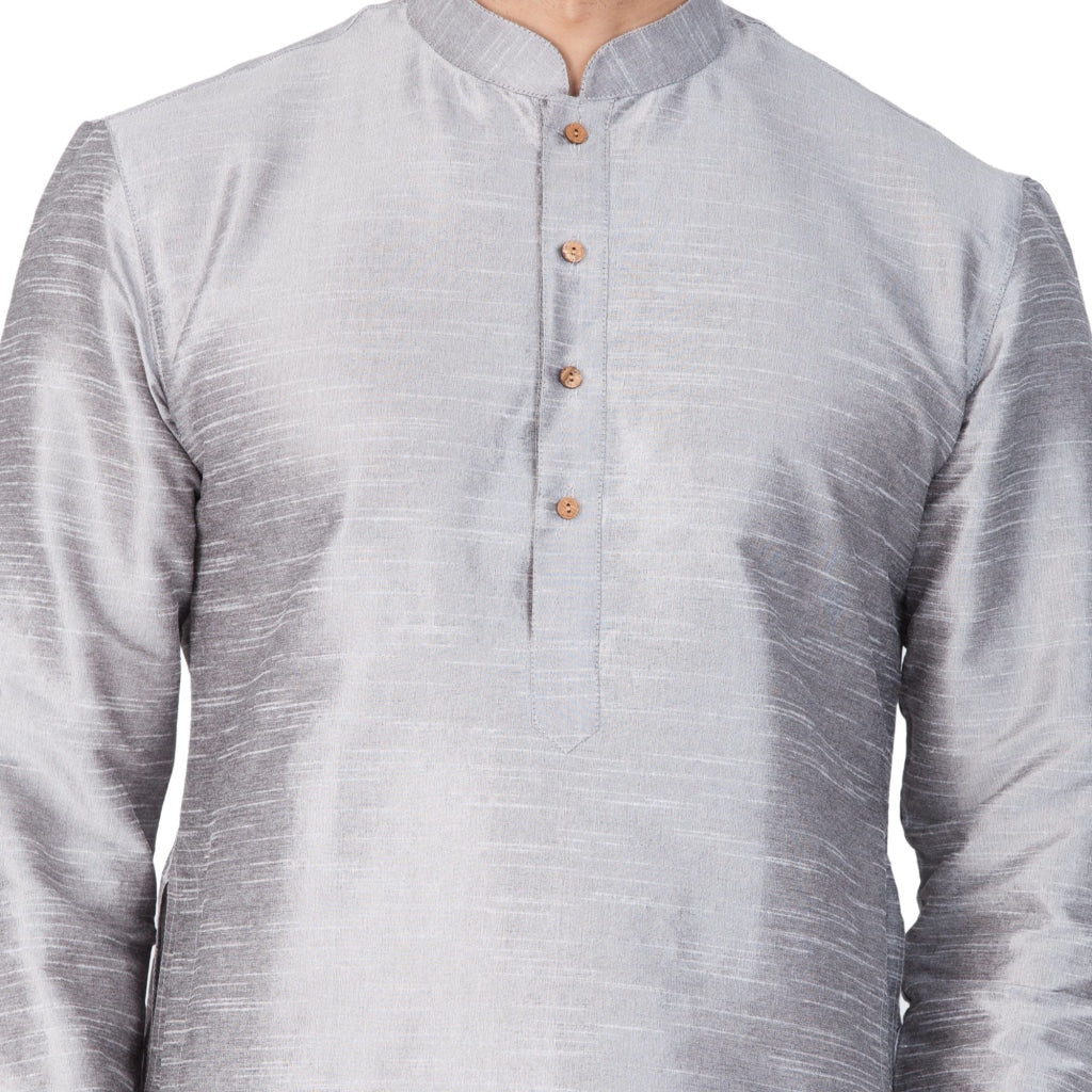 Vastramay Men's Grey Cotton Silk Blend Kurta and Pyjama Set