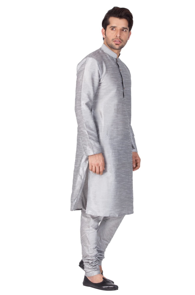 Vastramay Men's Grey Cotton Silk Blend Kurta and Pyjama Set