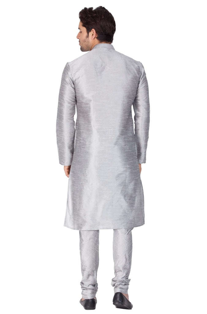 Vastramay Men's Grey Cotton Silk Blend Kurta and Pyjama Set