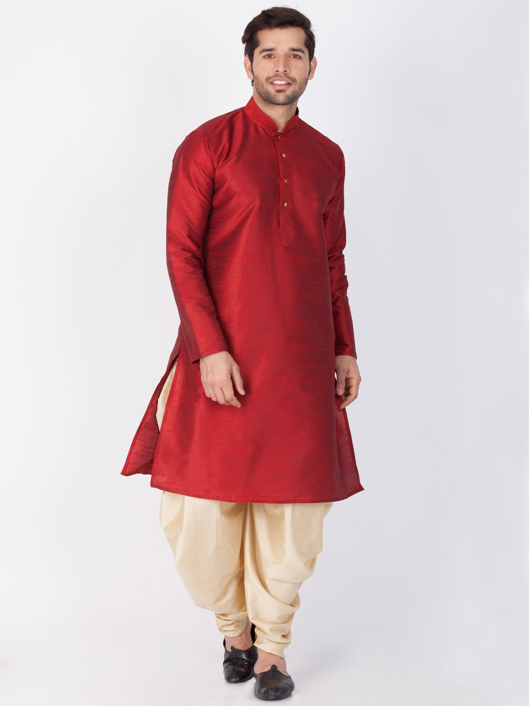 Vastramay Vastramay Men's Maroon Cotton Silk Blend Kurta and Dhoti Pant Set