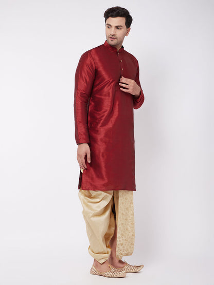 Vastramay Men's Maroon And Gold Silk Blend Kurta And Dhoti Set