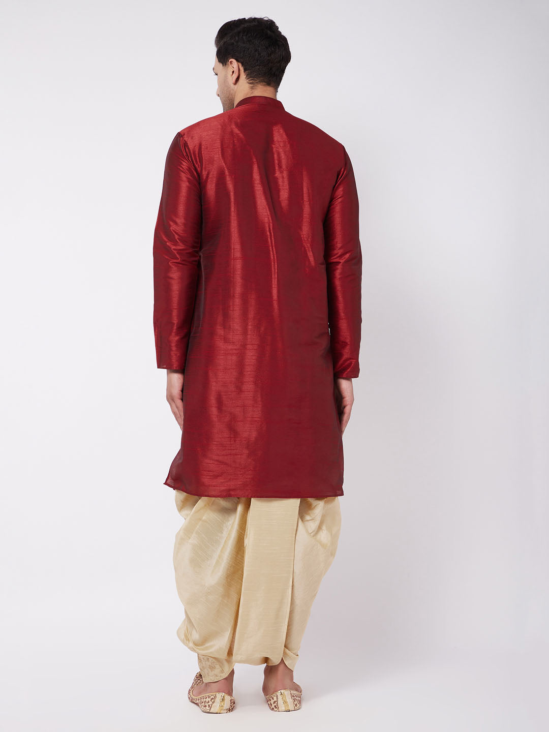 Vastramay Men's Maroon And Gold Silk Blend Kurta And Dhoti Set