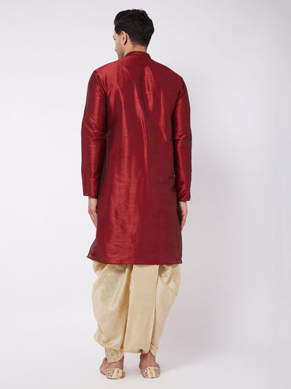 Vastramay Men's Maroon And Gold Silk Blend Kurta And Dhoti Set