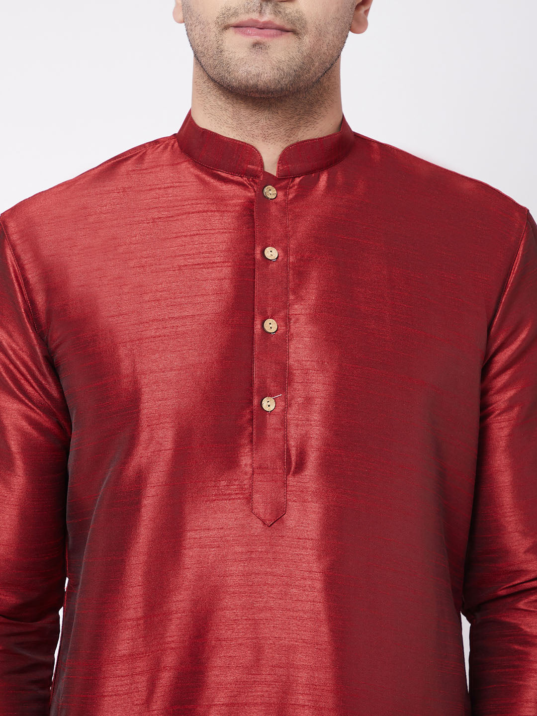 Vastramay Men's Maroon And Gold Silk Blend Kurta And Dhoti Set