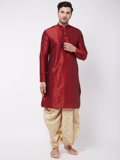 Vastramay Men's Maroon And Gold Silk Blend Kurta And Dhoti Set