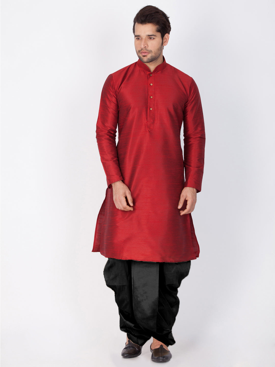 Vastramay Vastramay Men's Maroon Cotton Silk Blend Kurta and Dhoti Pant Set