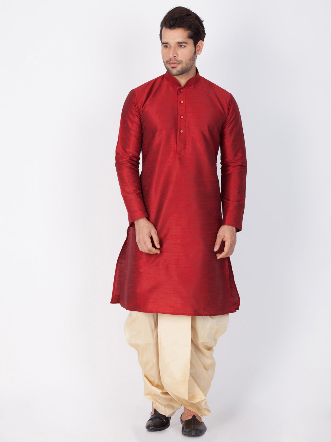 Vastramay Vastramay Men's Maroon Cotton Silk Blend Kurta and Dhoti Pant Set