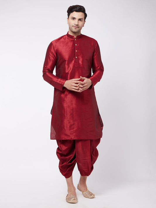 Vastramay Men's Maroon Silk Blend Kurta And Dhoti Set