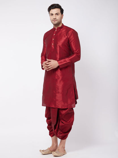 Vastramay Men's Maroon Silk Blend Kurta And Dhoti Set