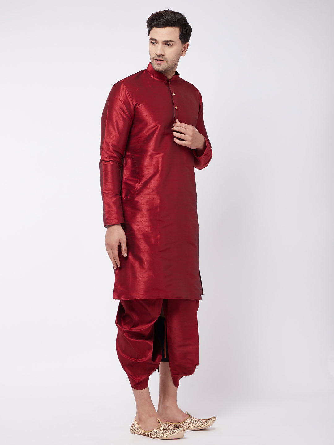 Vastramay Men's Maroon Silk Blend Kurta And Dhoti Set