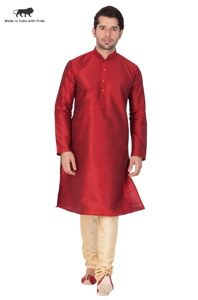 Vastramay Men's Maroon Cotton Silk Blend Kurta and Pyjama Set