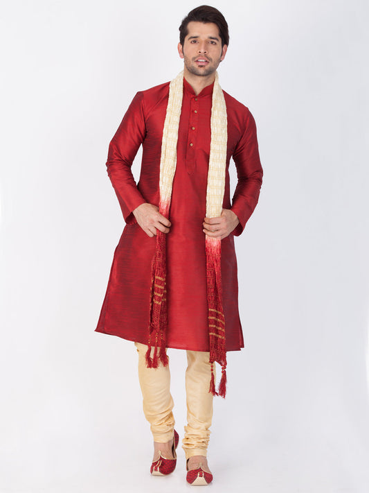 Vastramay Vastramay Men's Maroon Cotton Silk Blend Kurta, Pyjama & Dupatta Set