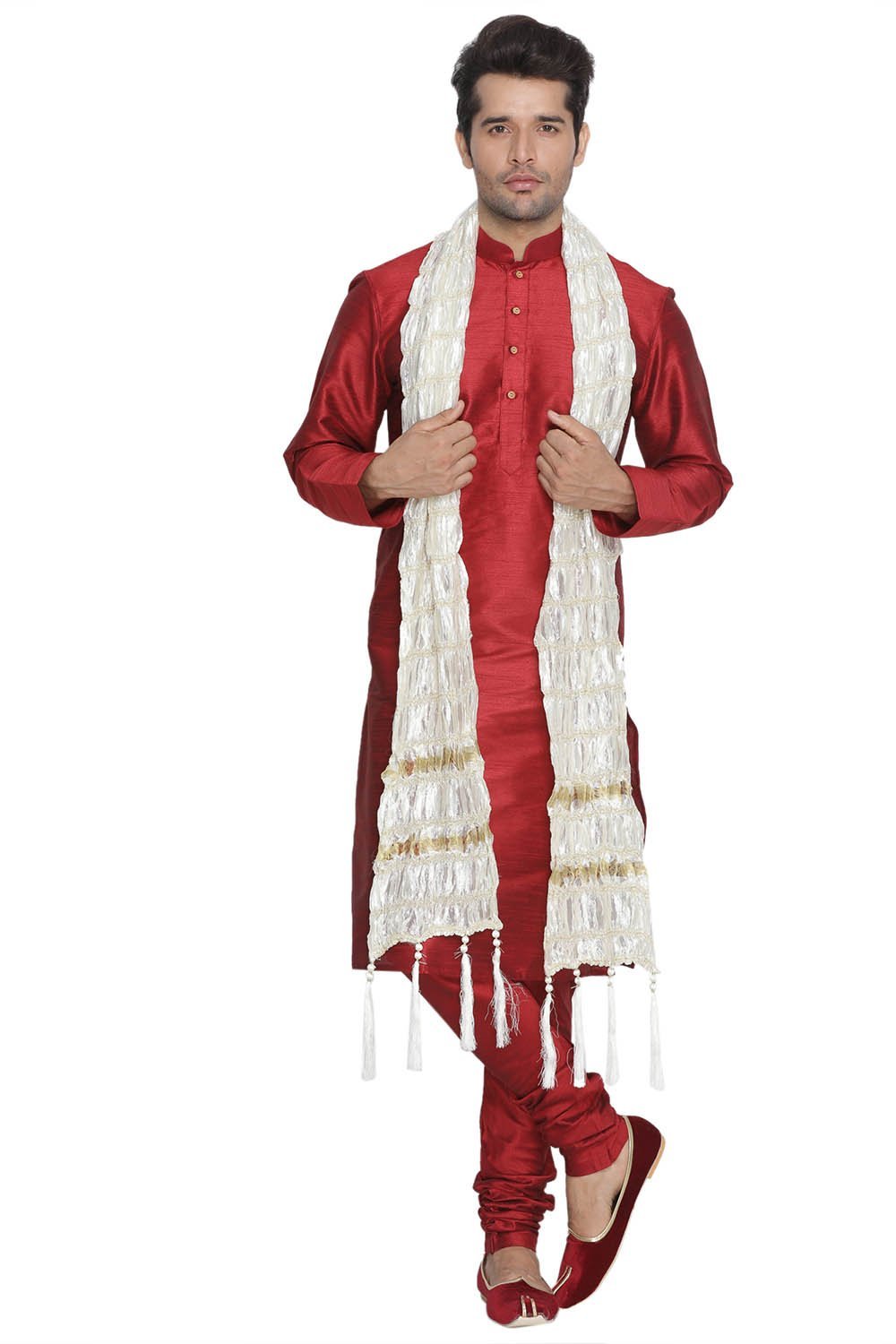 Vastramay Vastramay Men's Maroon Cotton Silk Blend Kurta, Pyjama & Dupatta Set