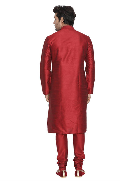 Vastramay Men's Maroon Cotton Silk Blend Kurta, Pyjama & Dupatta Set