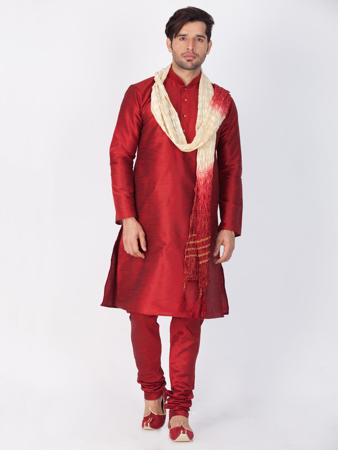 Vastramay Maroon Silk Blend Baap Beta Kurta Pyjama Dupatta set