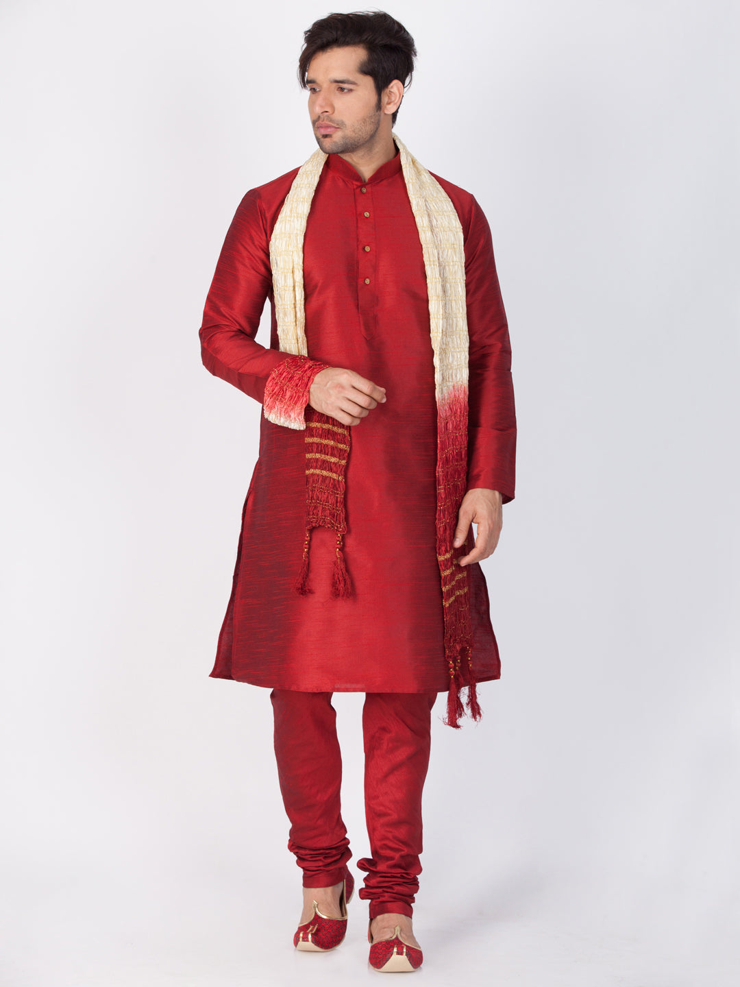 Vastramay Vastramay Men's Maroon Cotton Silk Blend Kurta, Pyjama & Dupatta Set